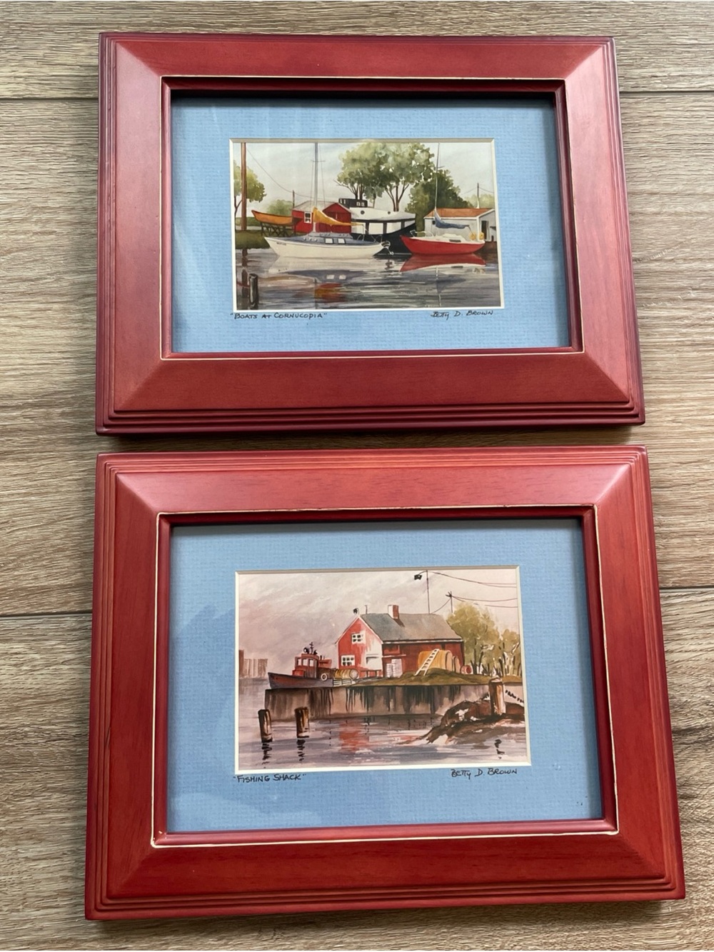 Rare Betty D Brown (1927-2011) Watercolor Prints Framed Boats Fishing Harbor